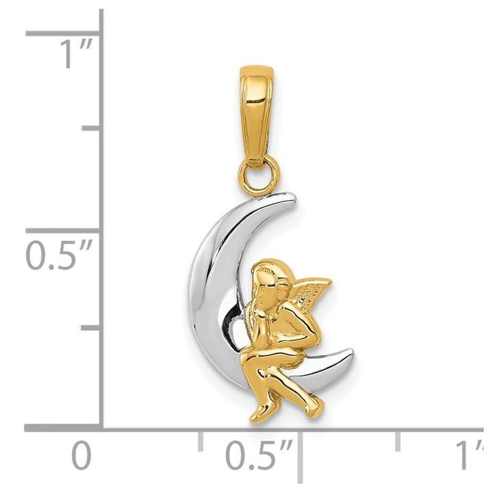 10K Yellow Gold Solid Polished Medium Moon with Angel Pendant