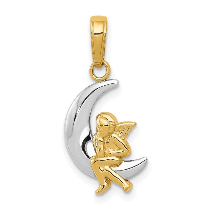 10K Yellow Gold Solid Polished Medium Moon with Angel Pendant