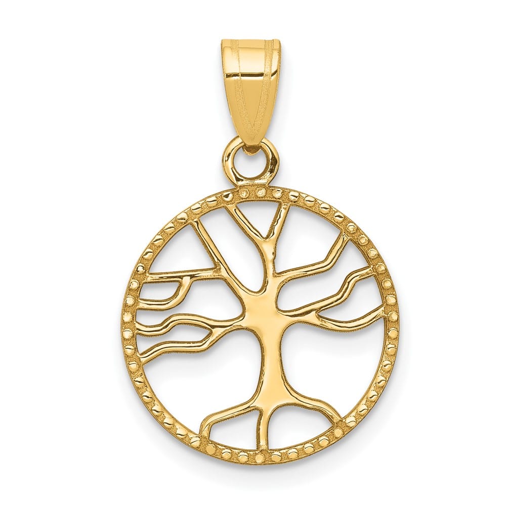 10K Yellow Gold Solid Polished Medium Tree of Life in Round Pendant