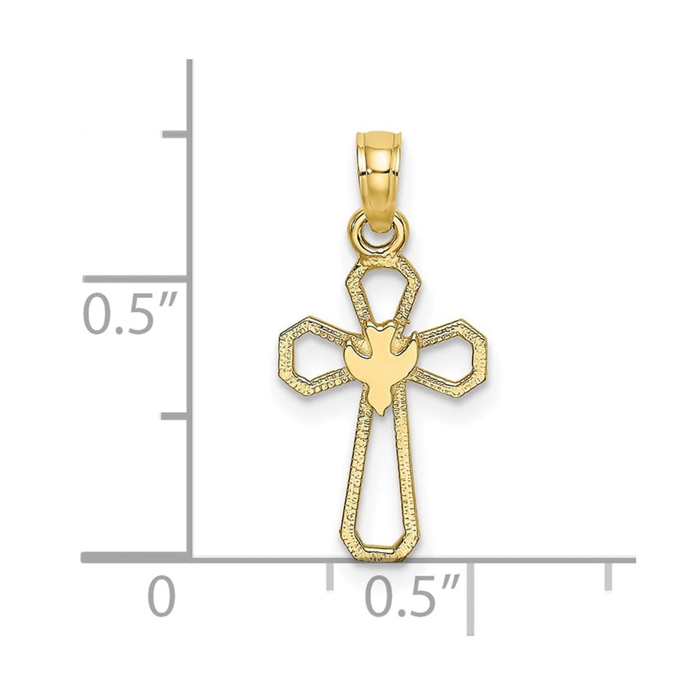 10K Yellow Gold Solid Polished Small Cut-Out Cross with Dove Charm
