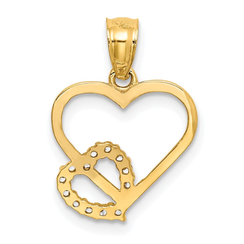 10K Yellow Gold Solid Polished Small CZ Heart in Heart Pendant