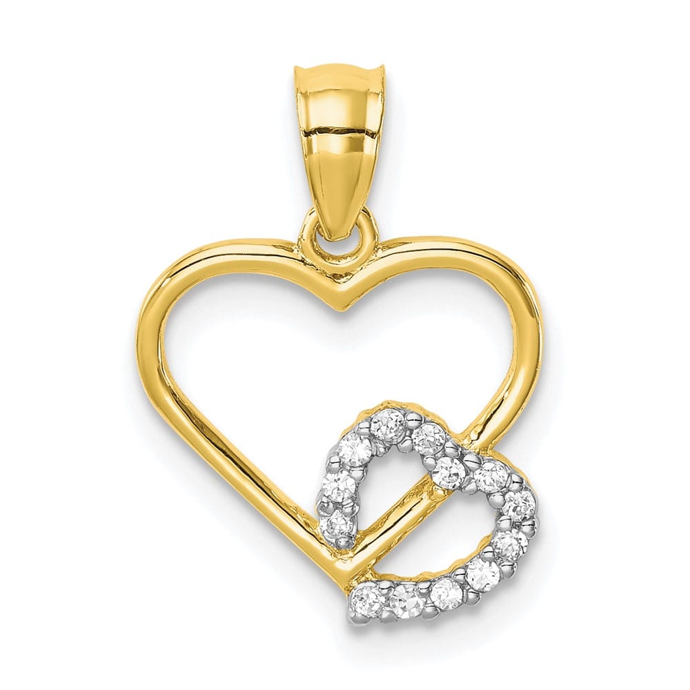 10K Yellow Gold Solid Polished Small CZ Heart in Heart Pendant