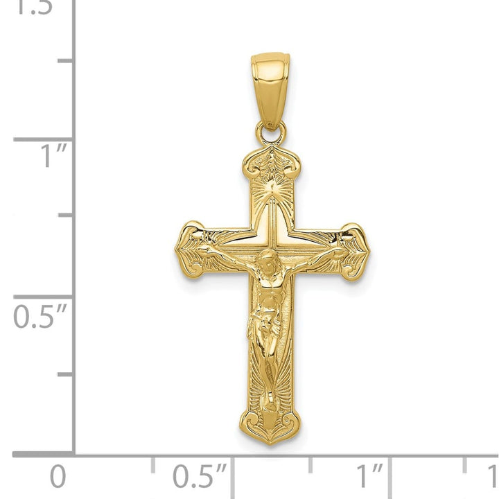 10K Yellow Gold Solid Polished Textured Large Budded Crucifix Pendant