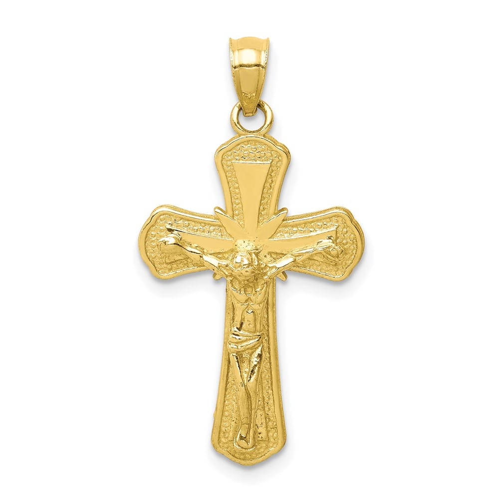 10K Yellow Gold Solid Polished Textured Large Crucifix Pendant