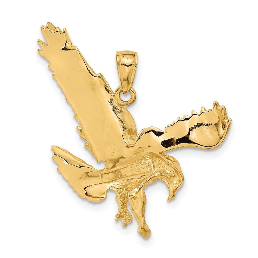 10K Yellow Gold Solid Polished Textured Large Eagle Landing Pendant