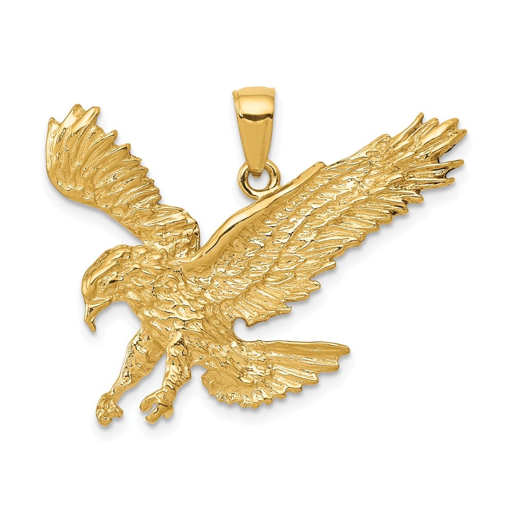 10K Yellow Gold Solid Polished Textured Large Eagle Landing Pendant