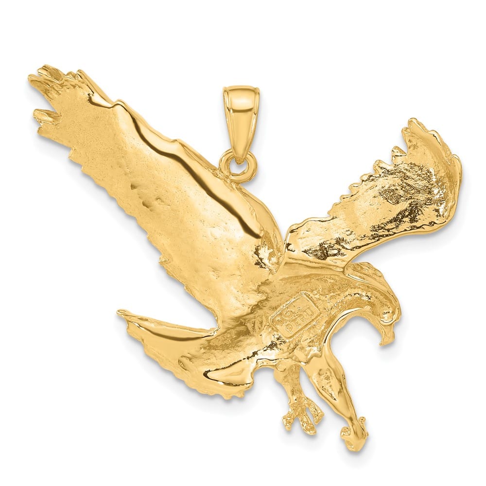 10K Yellow Gold Solid Polished Textured Large Eagle Landing Pendant