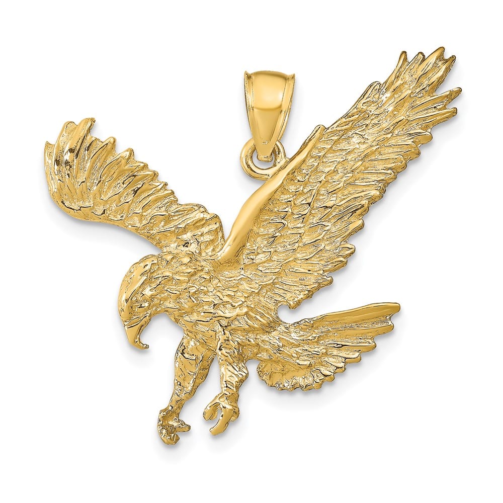 10K Yellow Gold Solid Polished Textured Large Eagle Landing Pendant