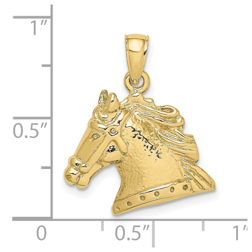 10K Yellow Gold Solid Polished Textured Medium Horse Head Charm