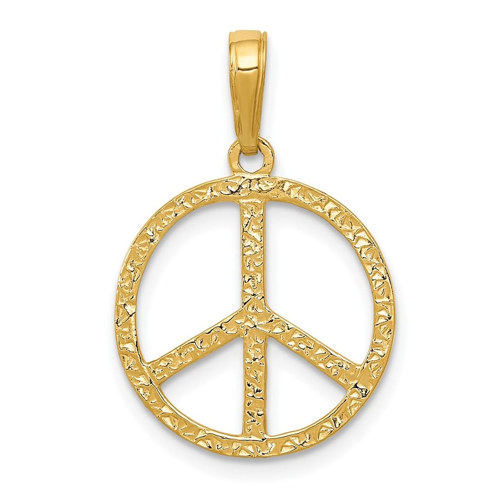 10K Yellow Gold Solid Polished Textured Medium Peace Sign Pendant