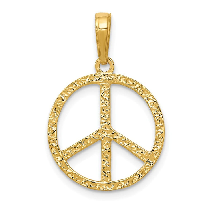 10K Yellow Gold Solid Polished Textured Medium Peace Sign Pendant