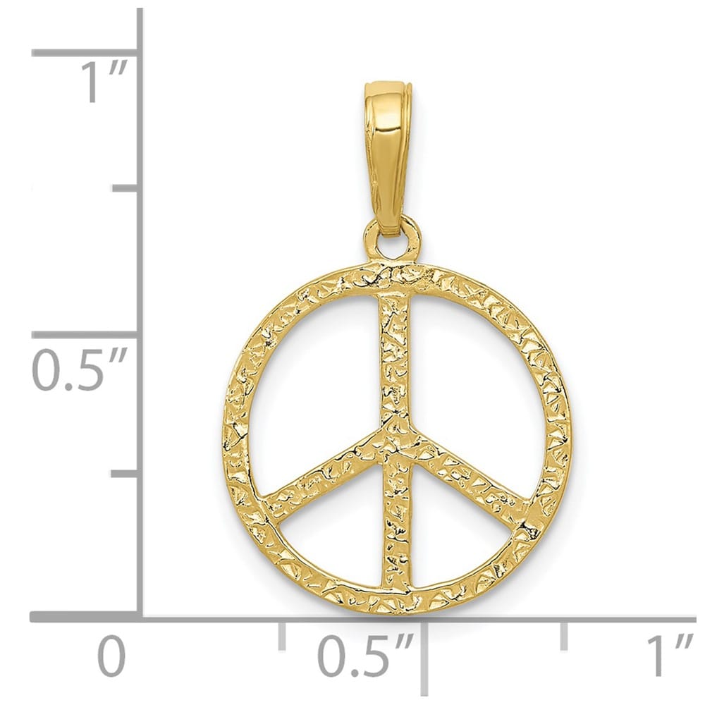 10K Yellow Gold Solid Polished Textured Medium Peace Sign Pendant