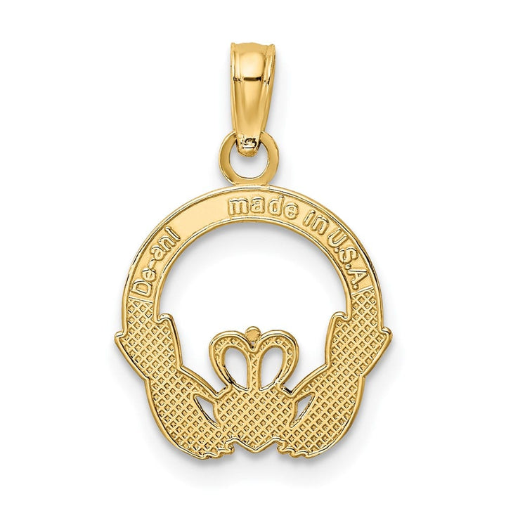 10K Yellow Gold Solid Polished Textured Medium Round Claddagh Charm