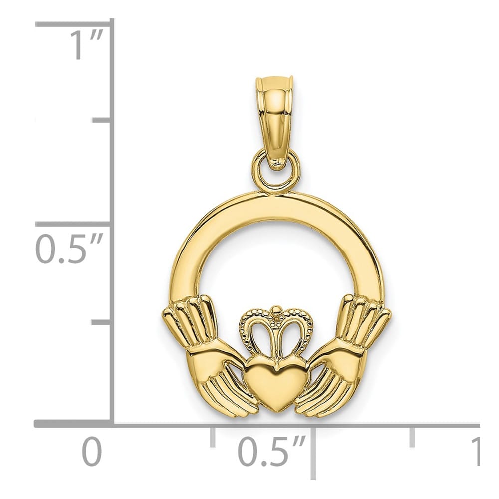 10K Yellow Gold Solid Polished Textured Medium Round Claddagh Charm