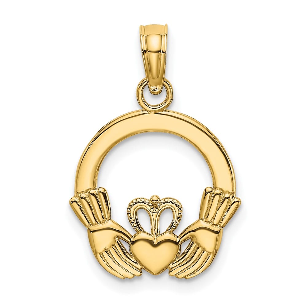 10K Yellow Gold Solid Polished Textured Medium Round Claddagh Charm