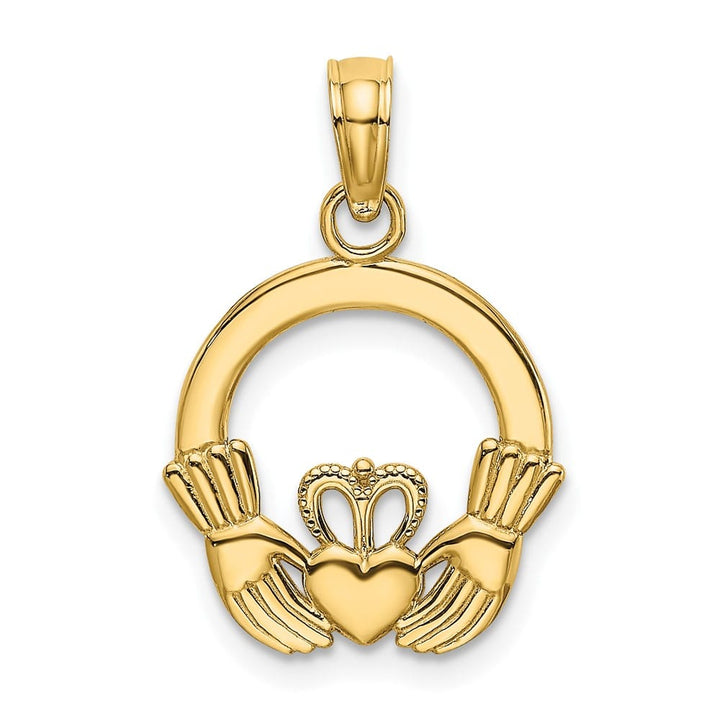 10K Yellow Gold Solid Polished Textured Medium Round Claddagh Charm