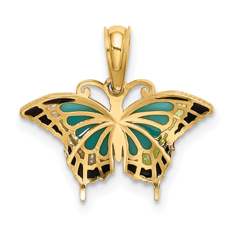 10K Yellow Gold Solid Small Aqua and Black Enameled Butterfly Charm