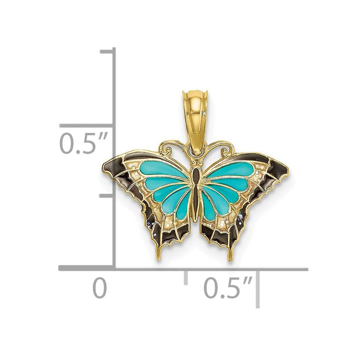 10K Yellow Gold Solid Small Aqua and Black Enameled Butterfly Charm