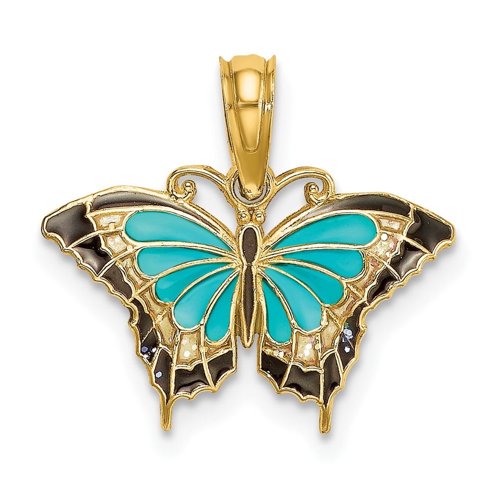 10K Yellow Gold Solid Small Aqua and Black Enameled Butterfly Charm