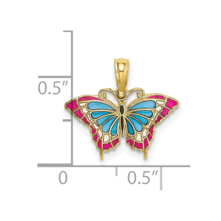 10K Yellow Gold Solid Small Blue and Red Enameled Butterfly Charm