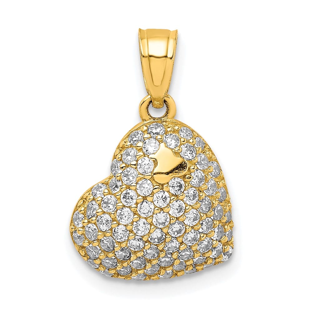 10K Yellow Gold Solid Small CZ Micro-Pave Falling Heart Pendant