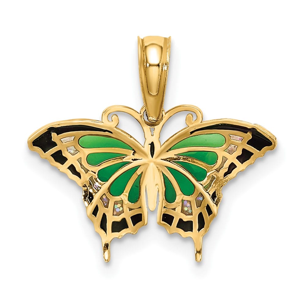 10K Yellow Gold Solid Small Green and Black Enameled Butterfly Charm