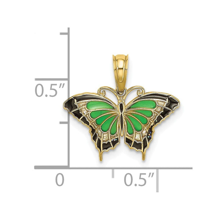 10K Yellow Gold Solid Small Green and Black Enameled Butterfly Charm