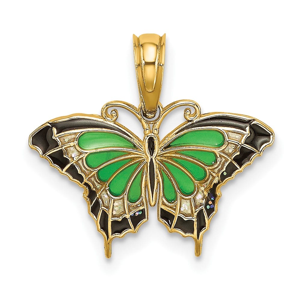 10K Yellow Gold Solid Small Green and Black Enameled Butterfly Charm