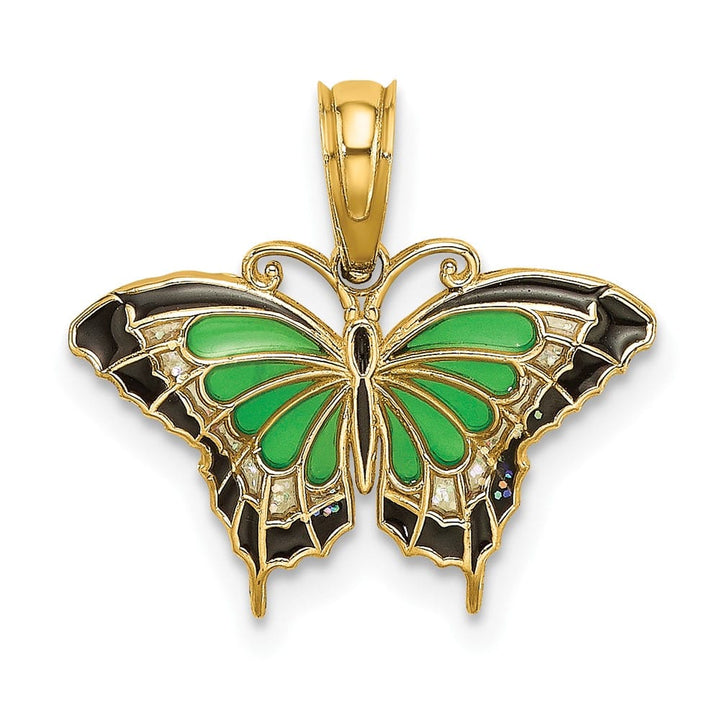 10K Yellow Gold Solid Small Green and Black Enameled Butterfly Charm