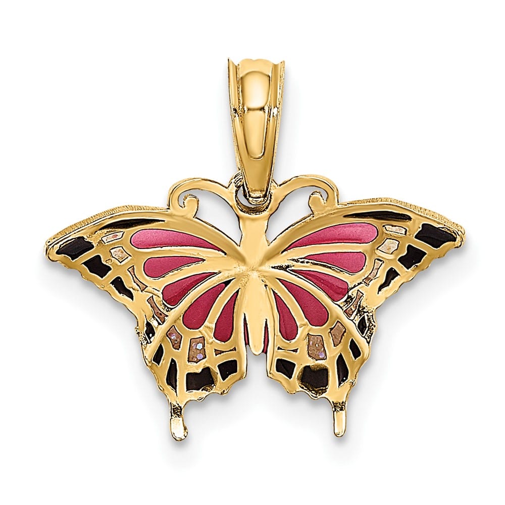 10K Yellow Gold Solid Small Pink and Black Enameled Butterfly Charm