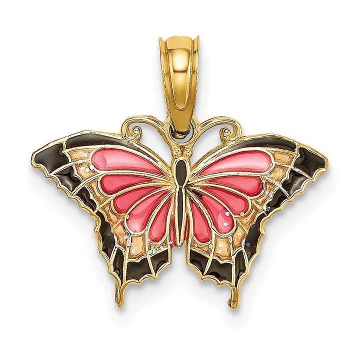 10K Yellow Gold Solid Small Pink and Black Enameled Butterfly Charm