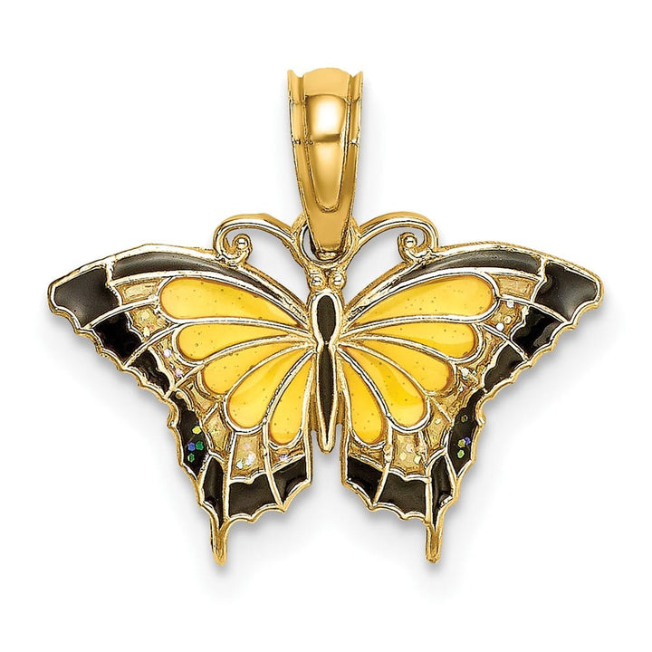 10K Yellow Gold Solid Small Yellow and Black Enameled Butterfly Charm