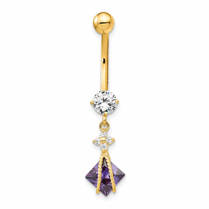 10k Yellow Gold Square Amethyst and CZ Belly Dangle