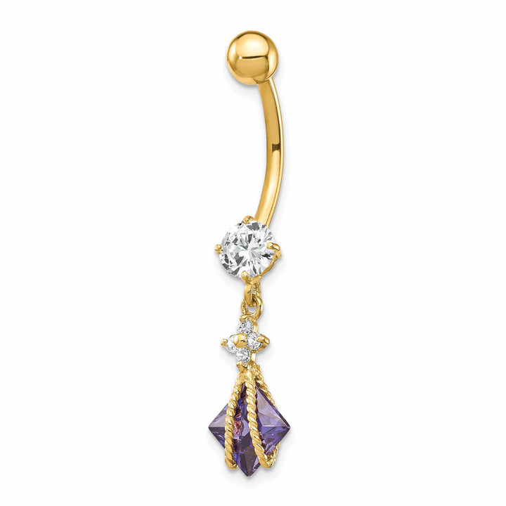 10k Yellow Gold Square Amethyst and CZ Belly Dangle