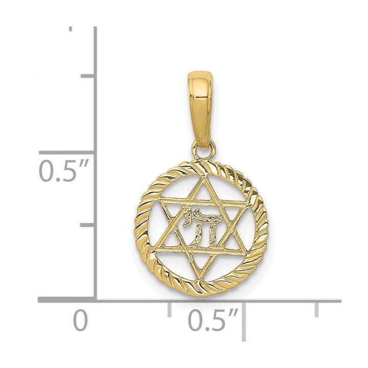 10K Yellow Gold Star of David And Chai In Circle Pendant