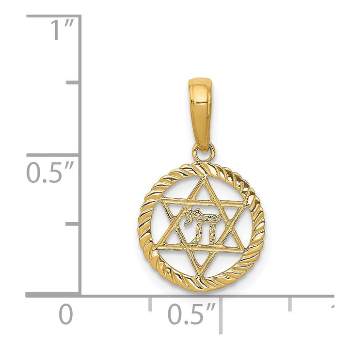 10K Yellow Gold Star of David And Chai In Circle Pendant
