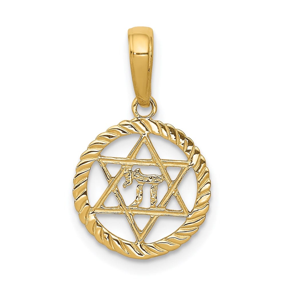 10K Yellow Gold Star of David And Chai In Circle Pendant