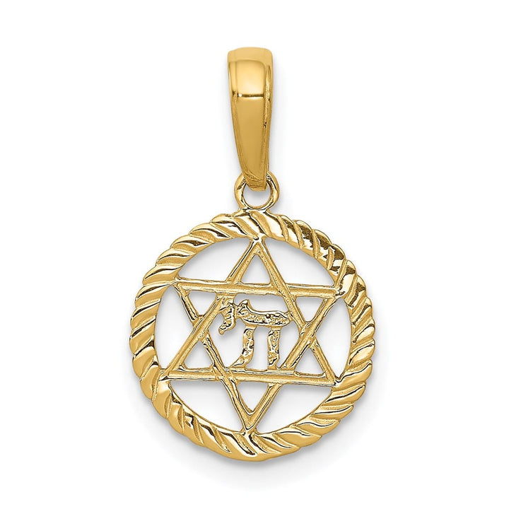 10K Yellow Gold Star of David And Chai In Circle Pendant