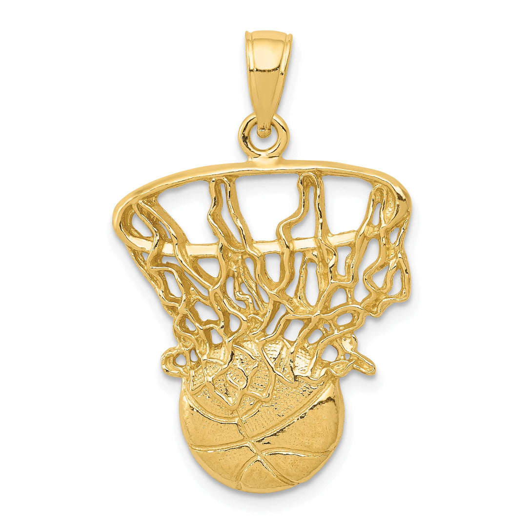 10K Yellow Gold Swoosh Basketball and Net Pendant, Large