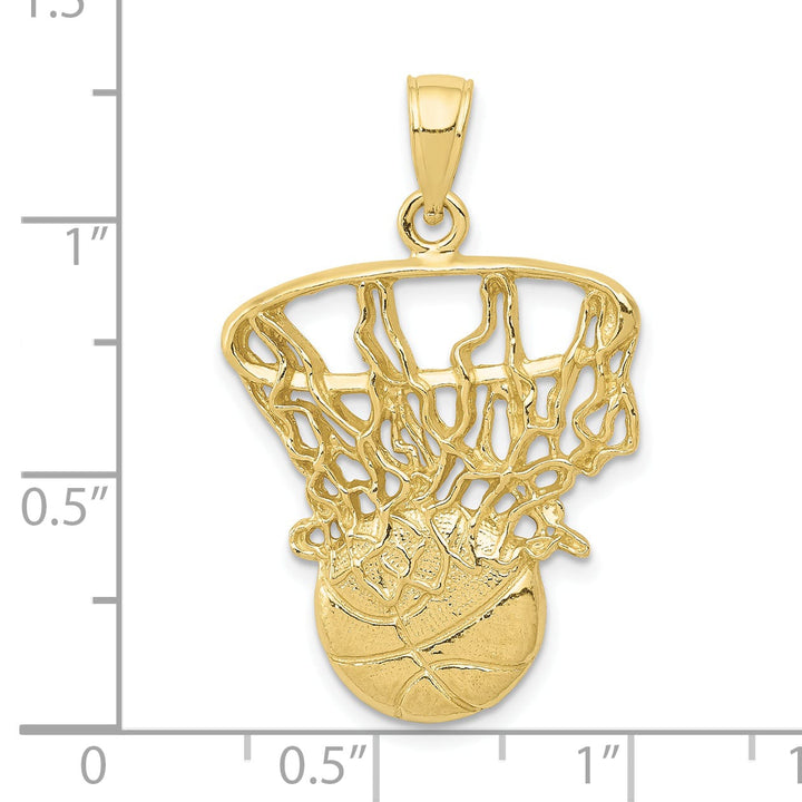 10K Yellow Gold Swoosh Basketball and Net Pendant, Large