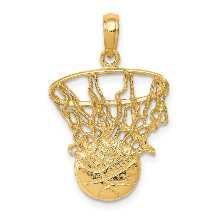 10K Yellow Gold Swoosh Basketball and Net Pendant, Small