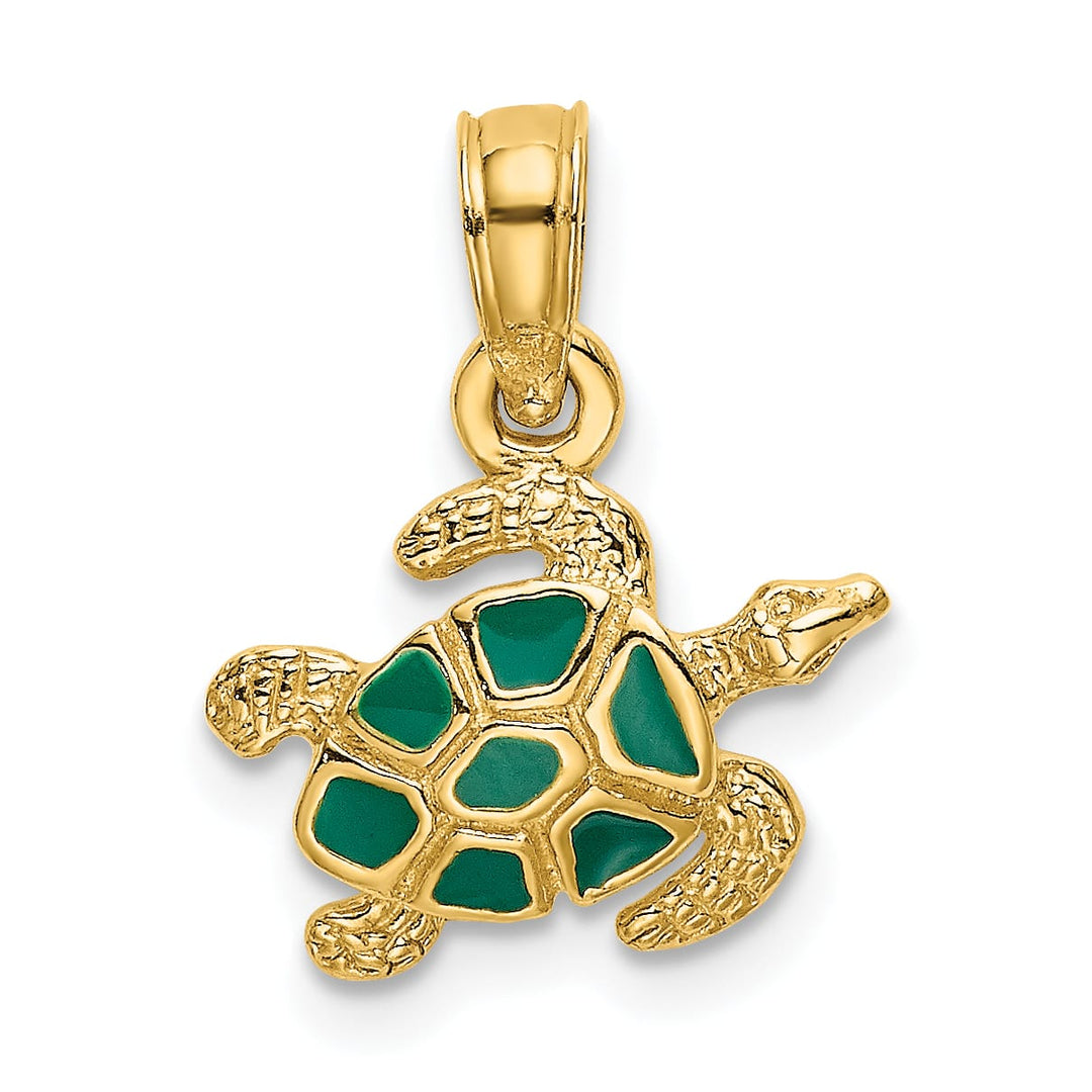 10K Yellow Gold Textured and Green Enameled Sea Turtle Charm