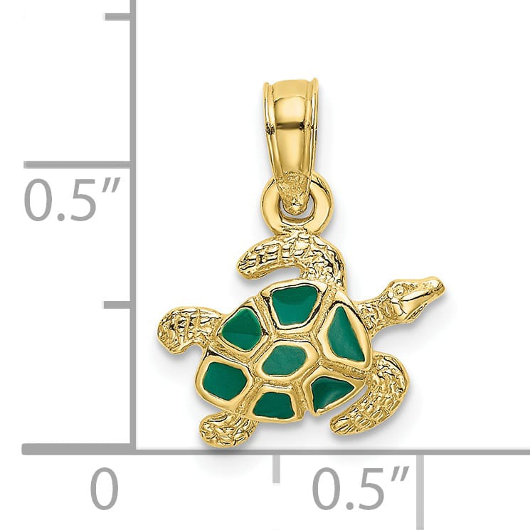 10K Yellow Gold Textured and Green Enameled Sea Turtle Charm