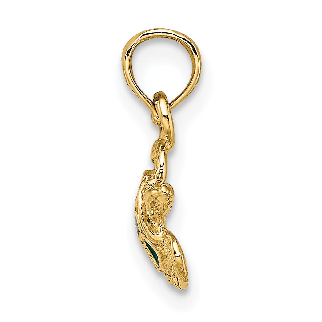 10K Yellow Gold Textured and Green Enameled Sea Turtle Charm