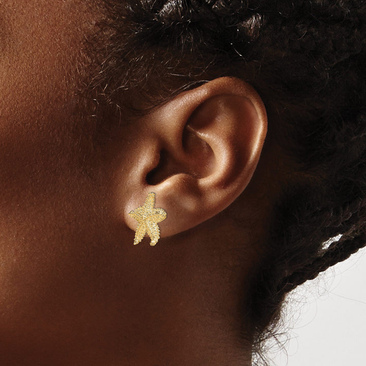 10k Yellow Gold Textured Beaded Starfish Post Earrings