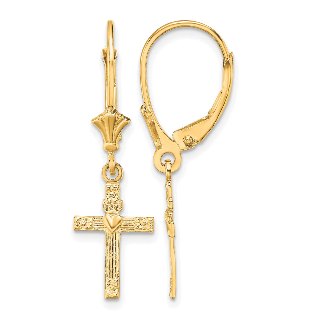 10k Yellow Gold Textured Heart In Cross Dangle Leverback Earrings