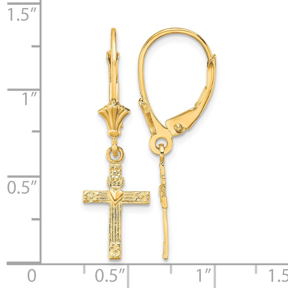 10k Yellow Gold Textured Heart In Cross Dangle Leverback Earrings