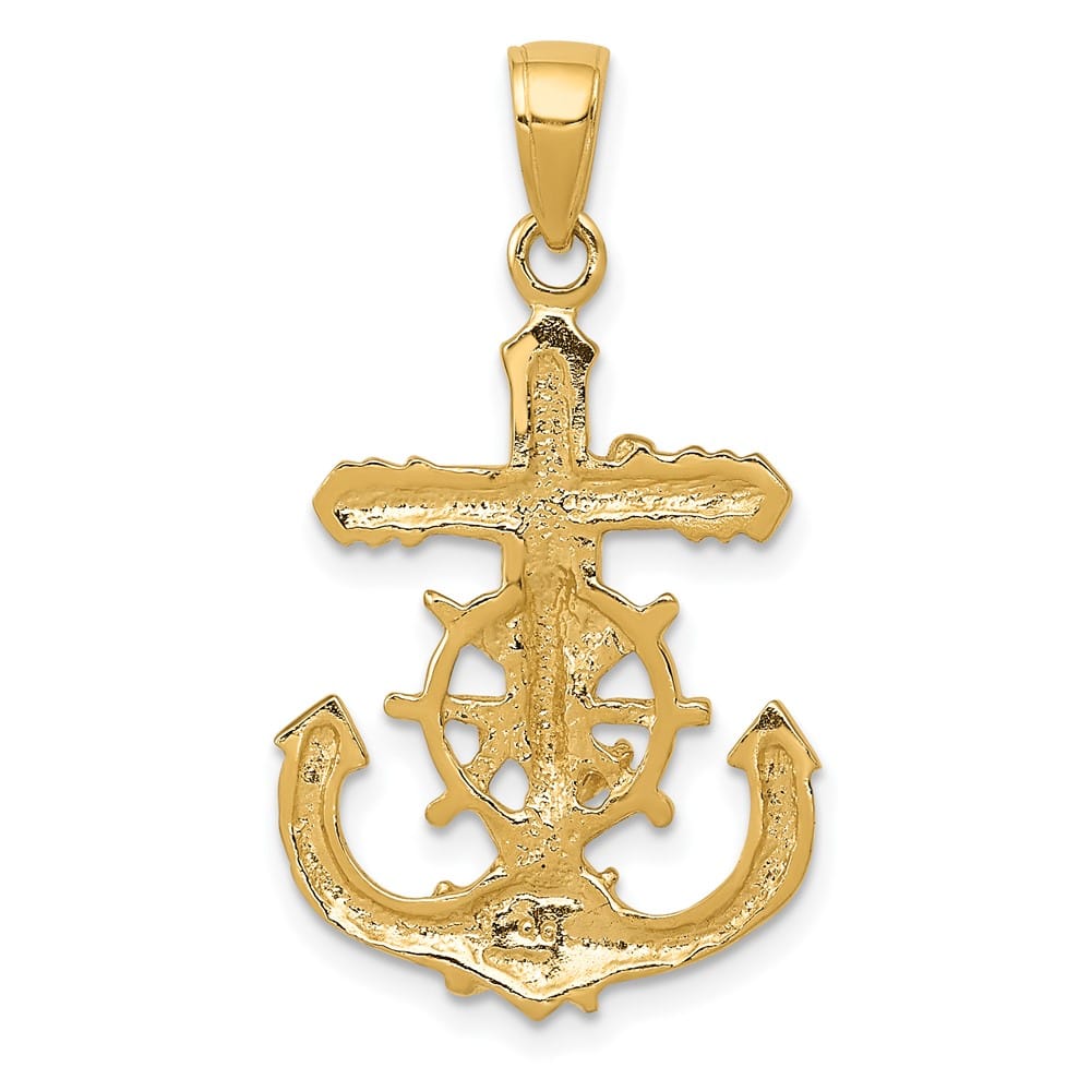 10K Yellow Gold Textured Large 2-d Crucifix Rope and Wheel Pendant