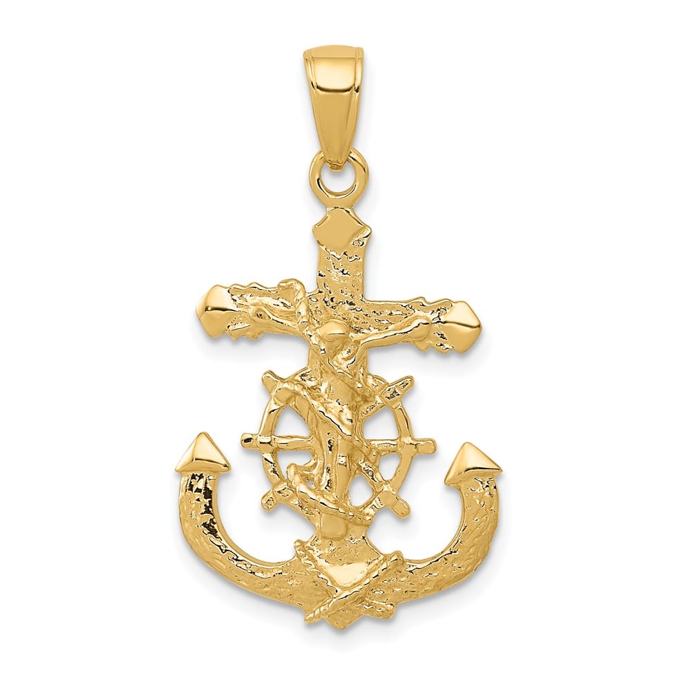 10K Yellow Gold Textured Large 2-d Crucifix Rope and Wheel Pendant