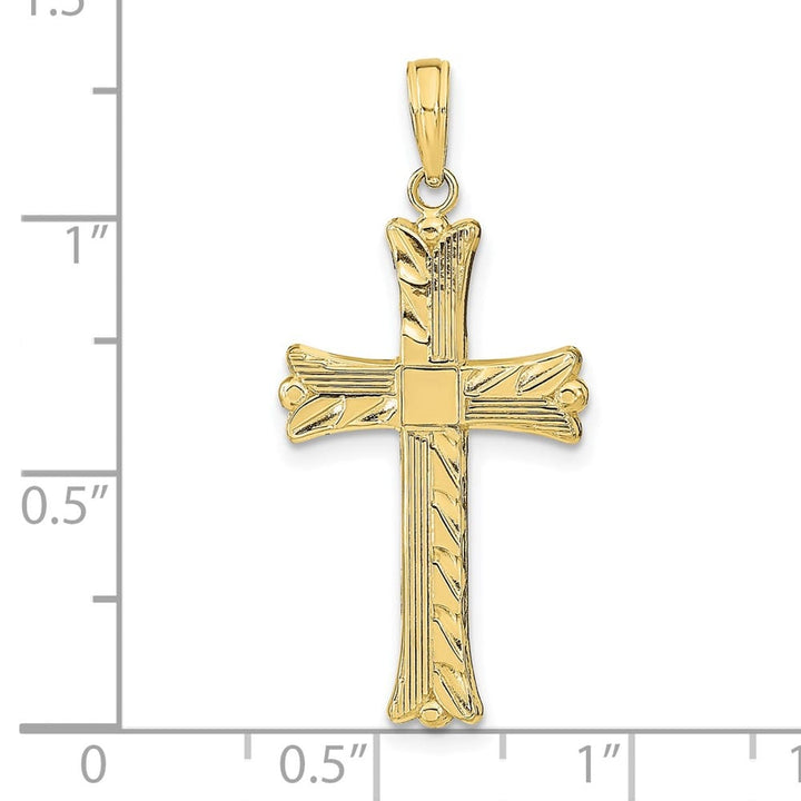 10K Yellow Gold Textured Large with Square Center Budded Cross Pendant